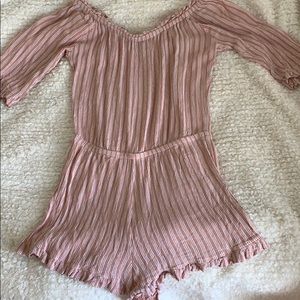 derek heart pink striped jumpsuit 3/4 length